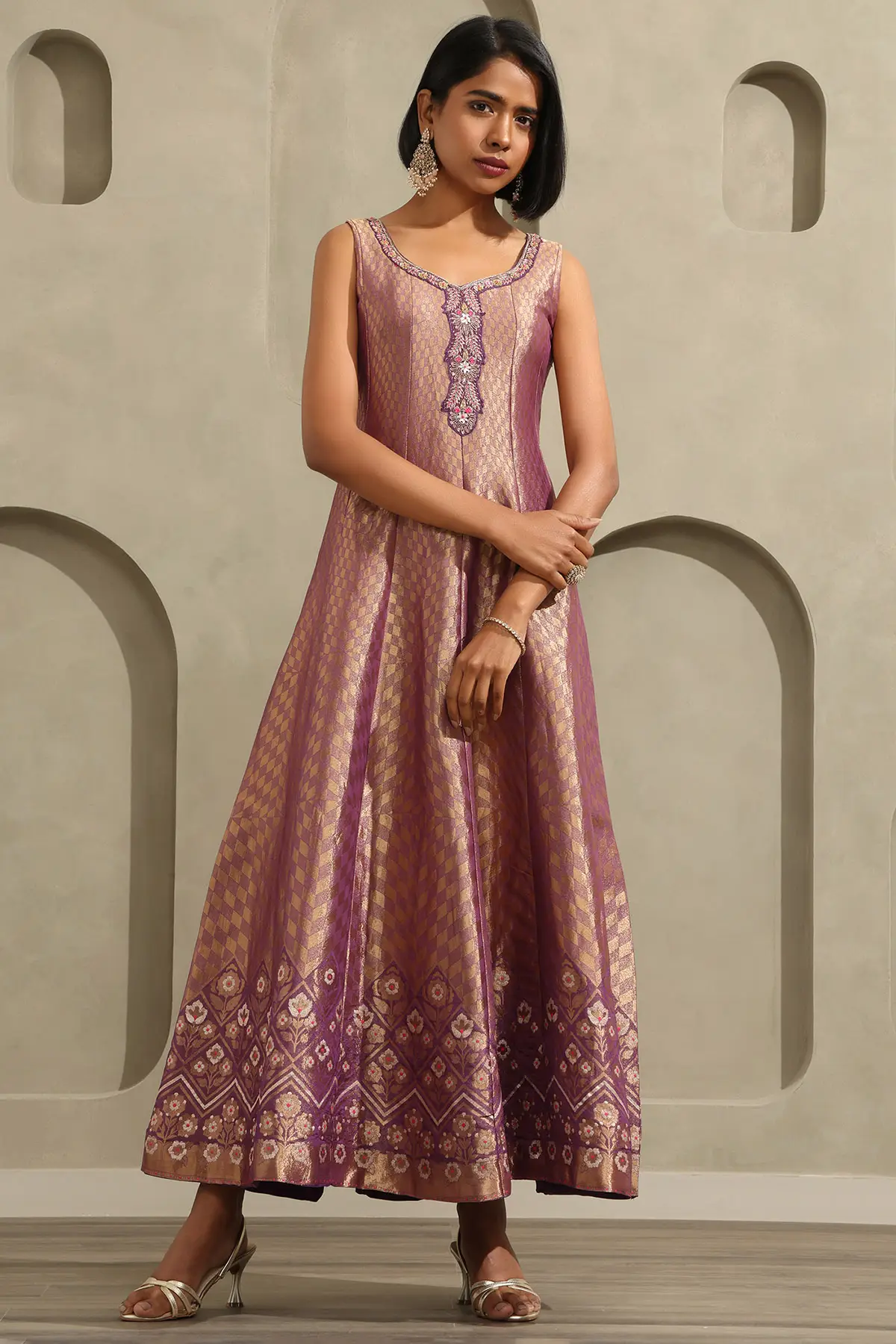 Purple Viscose Zari Woven Gown With Beads And Stones