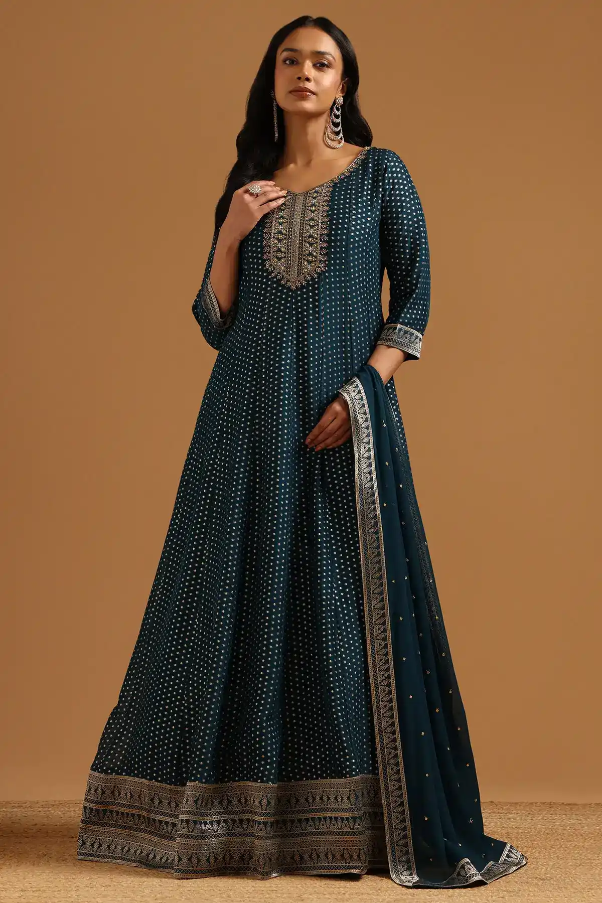 eal Jacquard Zari Woven Gown With Cutdana Work