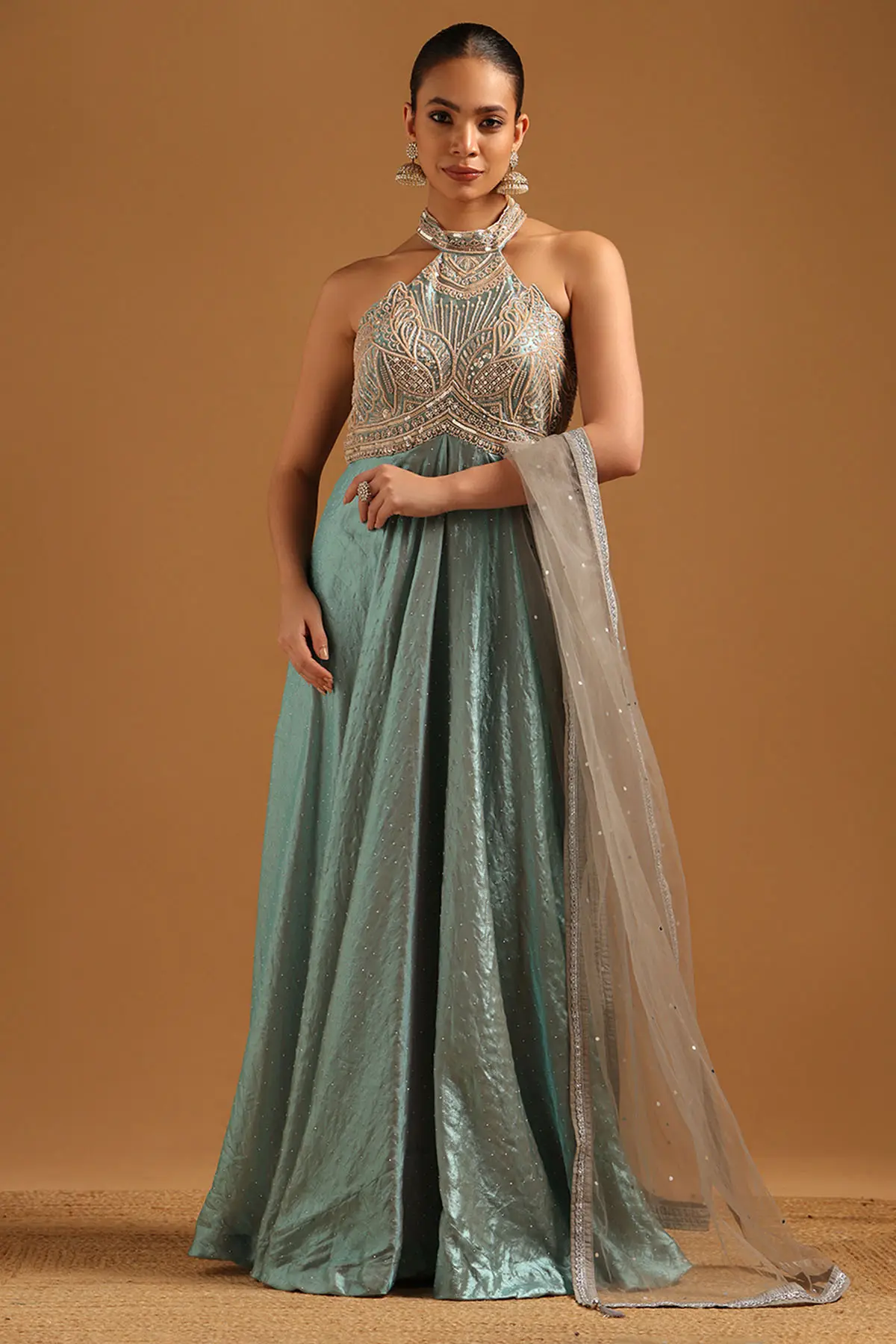 Turquoise Blue Fendi Botanical Gown With Cutwork & Stone Work