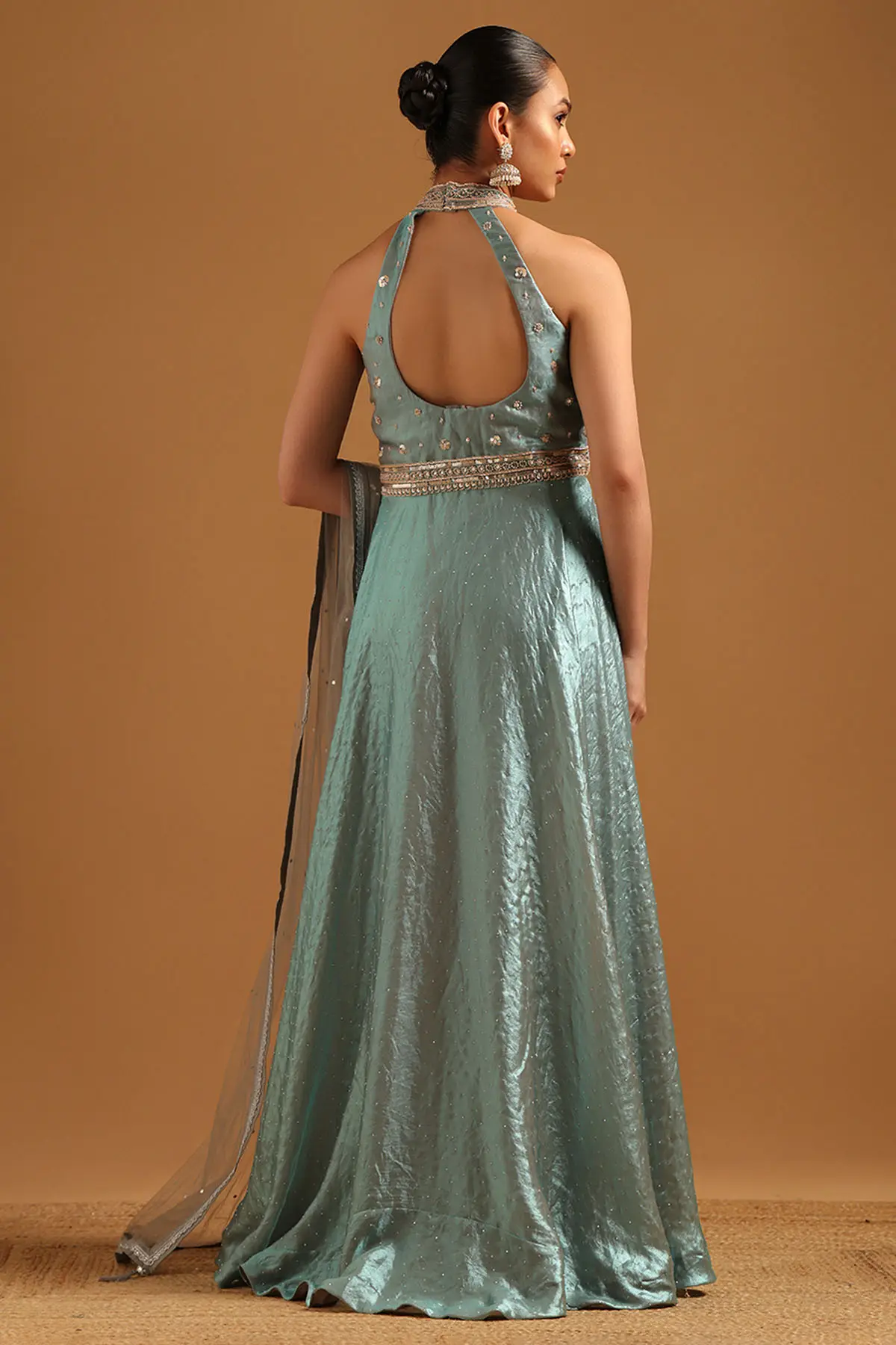 Turquoise Blue Fendi Botanical Gown With Cutwork & Stone Work