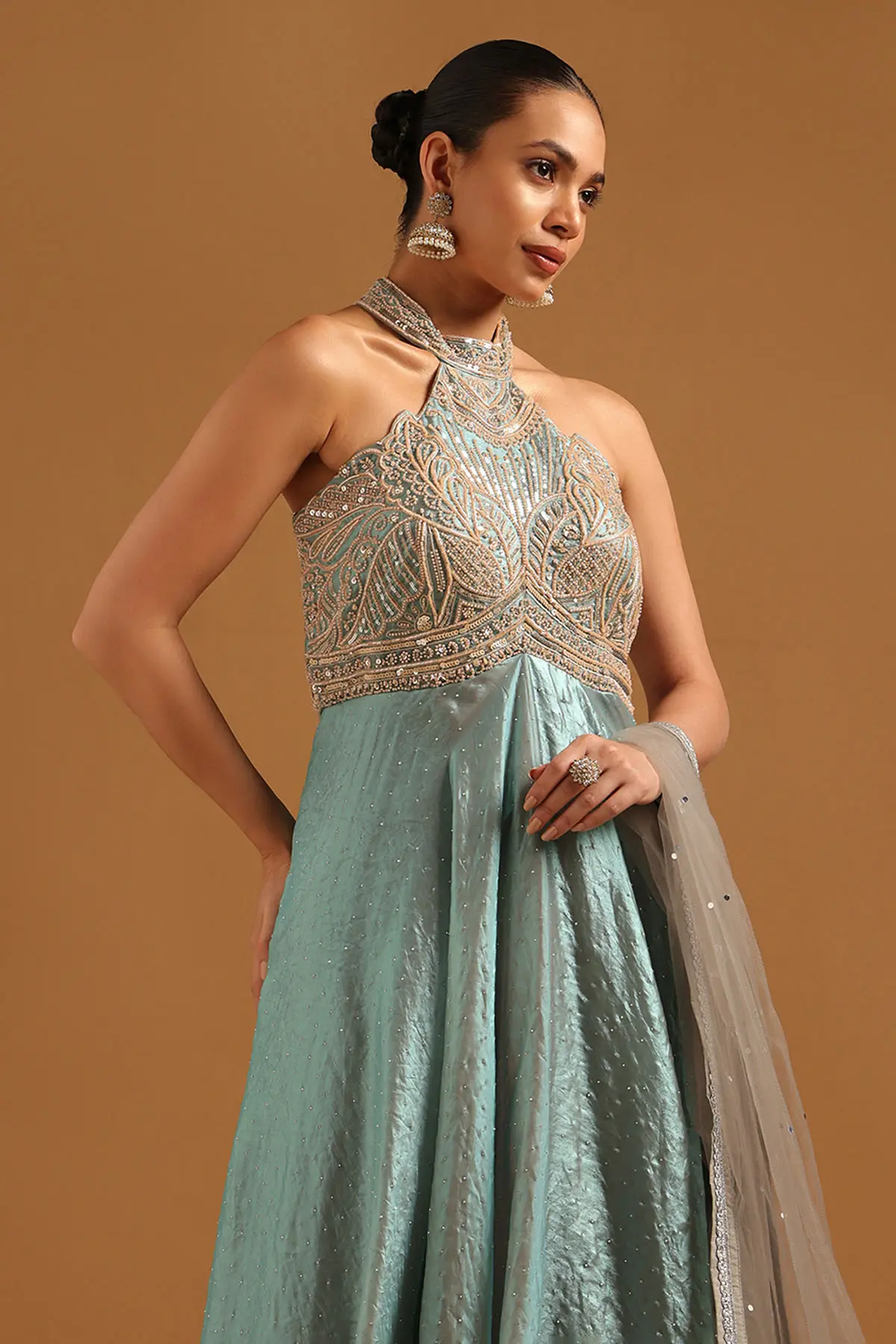 Turquoise Blue Fendi Botanical Gown With Cutwork & Stone Work