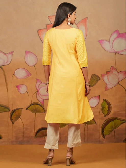 Jaali Printed With Brocade Yoke Kurta Yellow