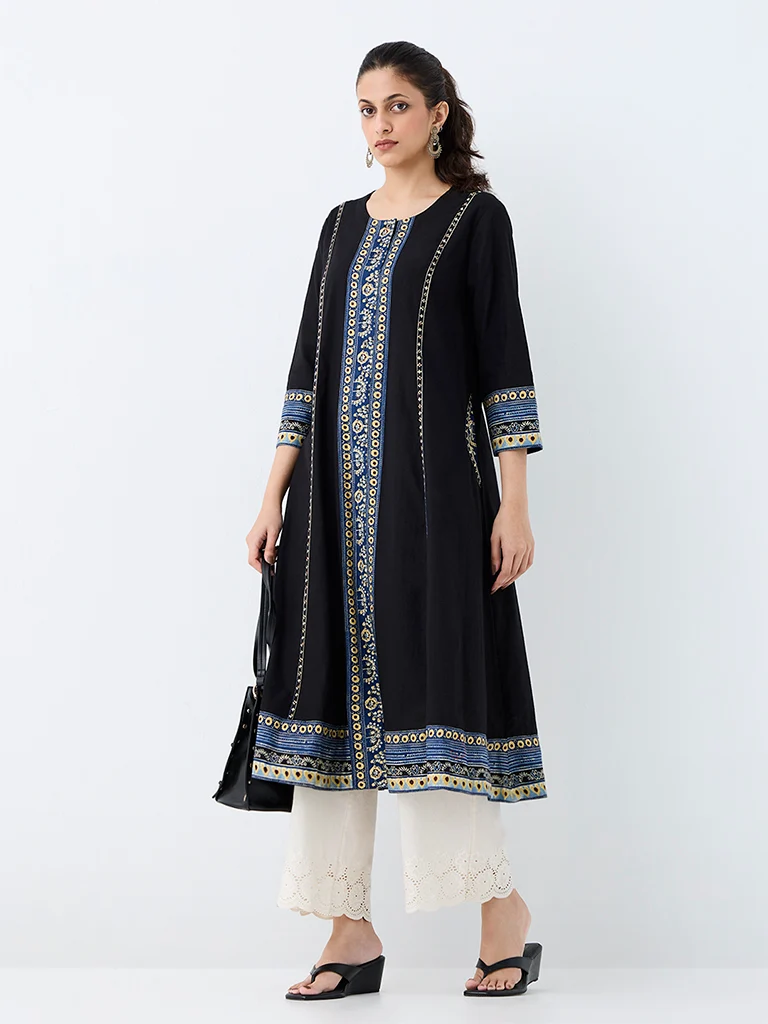 Utsa Black Printed Cotton A-Line Kurta