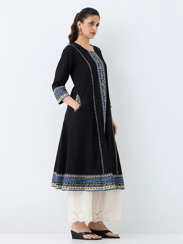 Utsa Black Printed Cotton A-Line Kurta