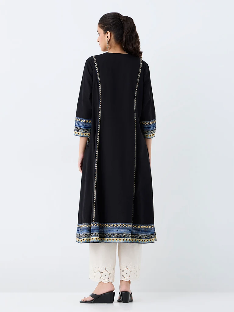 Utsa Black Printed Cotton A-Line Kurta