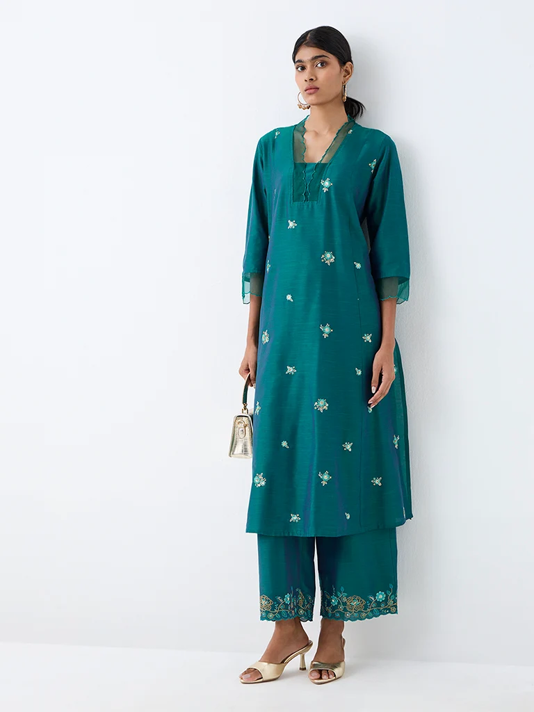 Utsa Dark Green Floral Embroidered A-Line Kurta