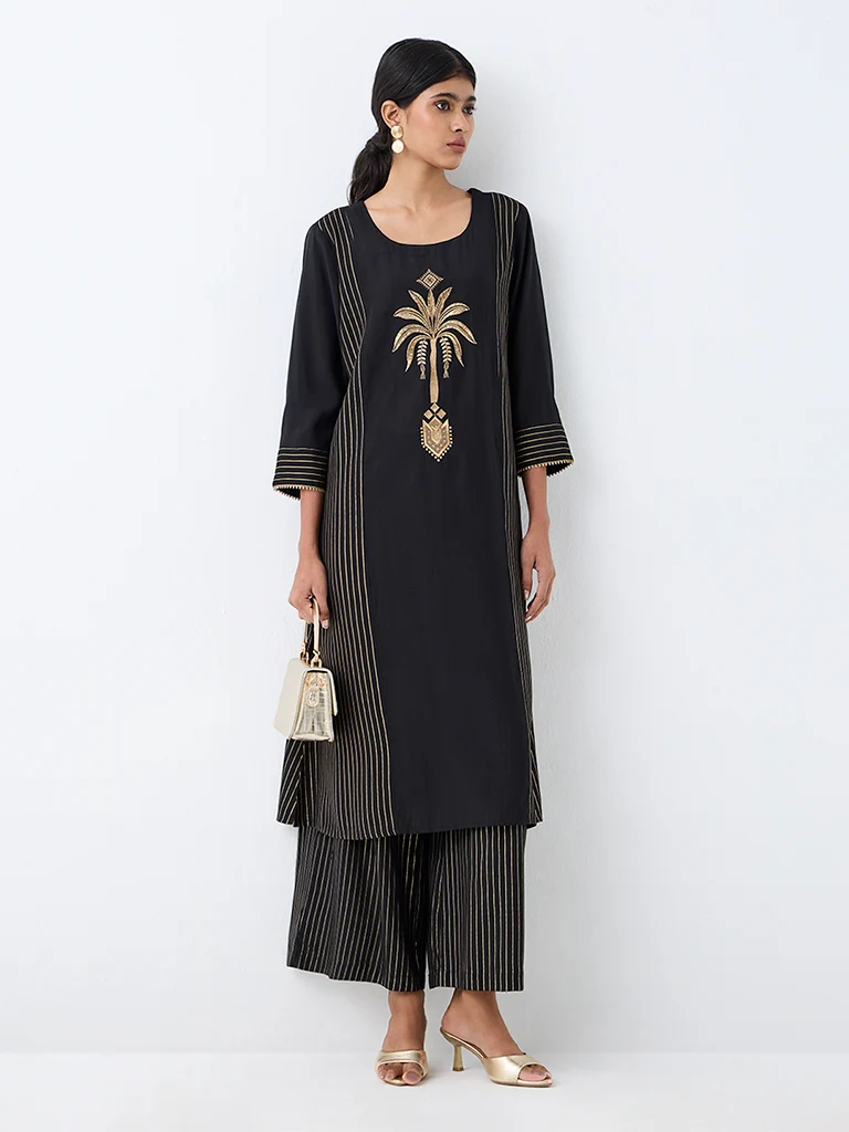 Utsa Black Nature-Inspired A-Line Kurta