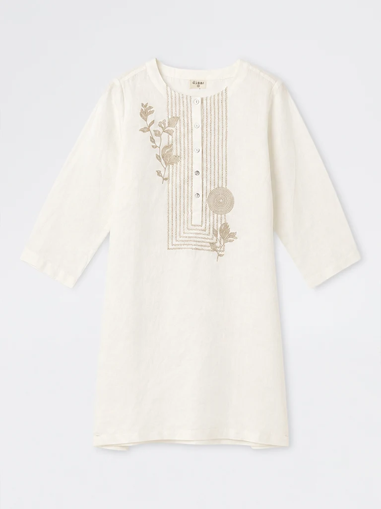 Diza Off-White Floral Embroidered Linen Straight Kurta
