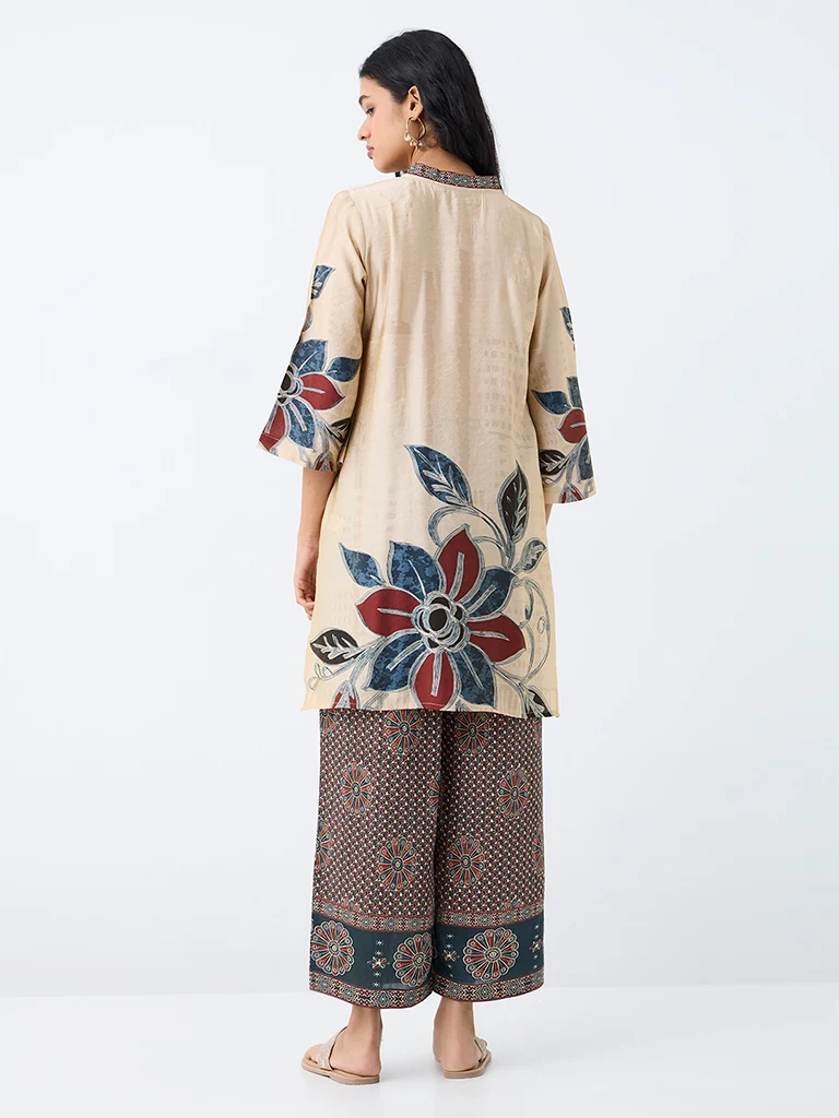 Utsa Light Beige Floral Printed A-Line Kurta