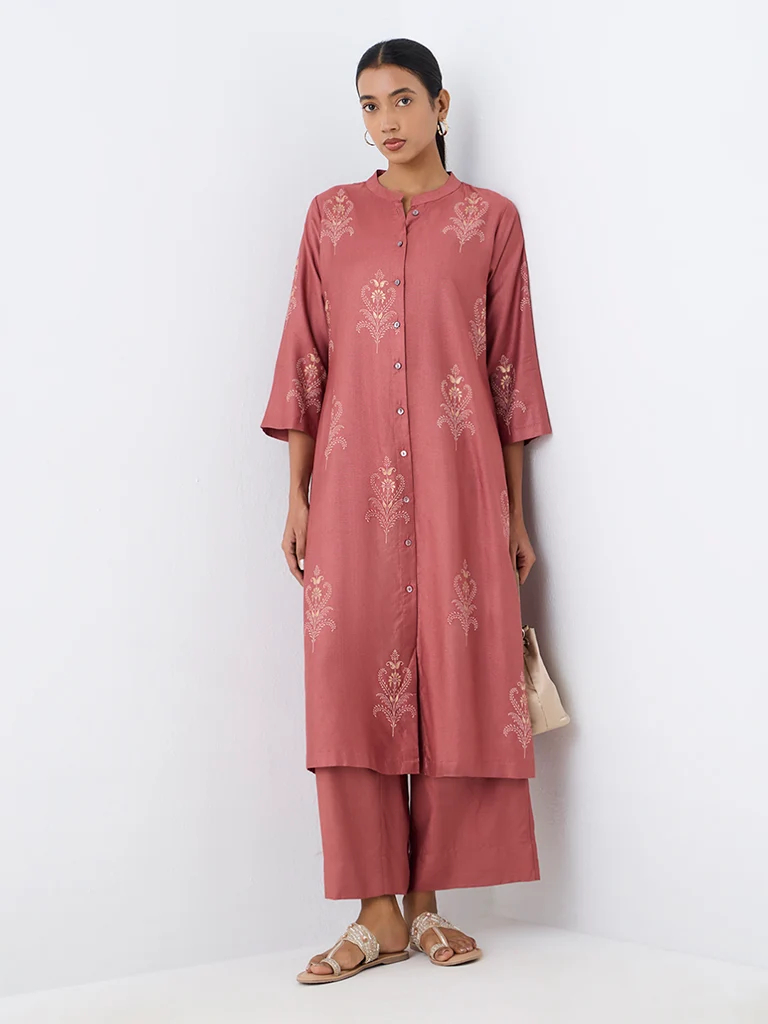 Zuba Dusty Pink Foliage Pattern A-Line Kurta