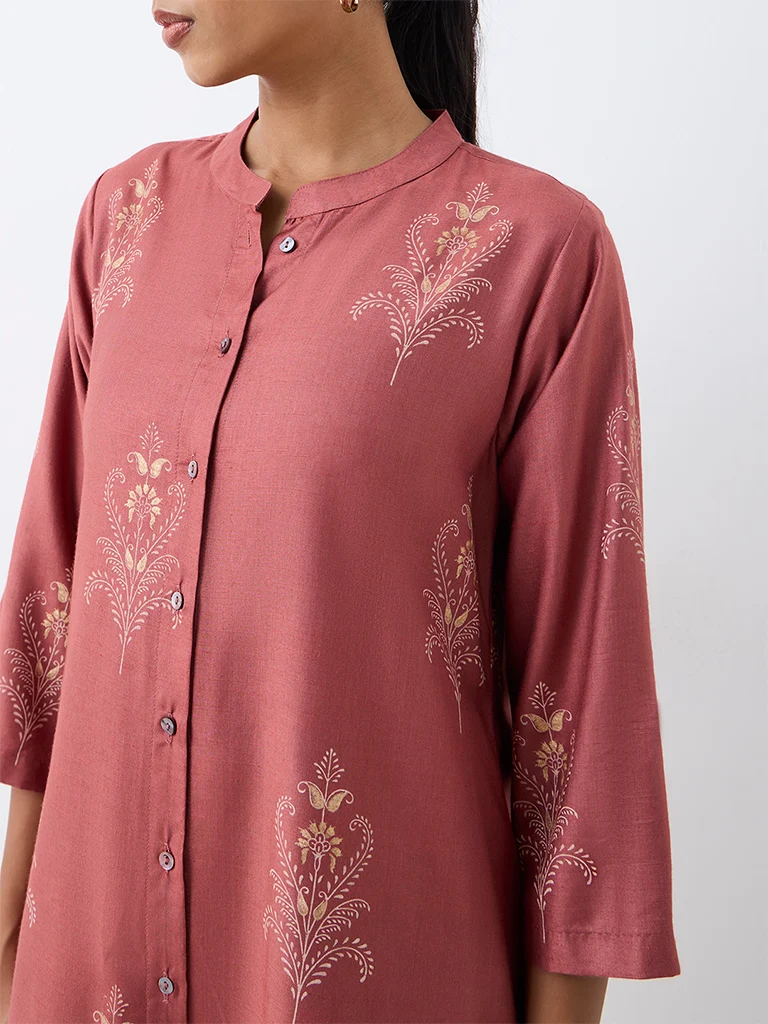 Zuba Dusty Pink Foliage Pattern A-Line Kurta