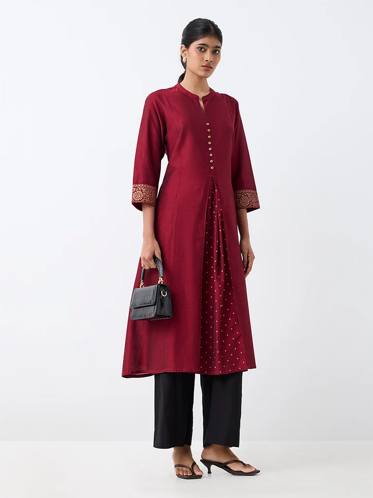 Utsa Burgundy Panelled Fit-and-Flare Kurta