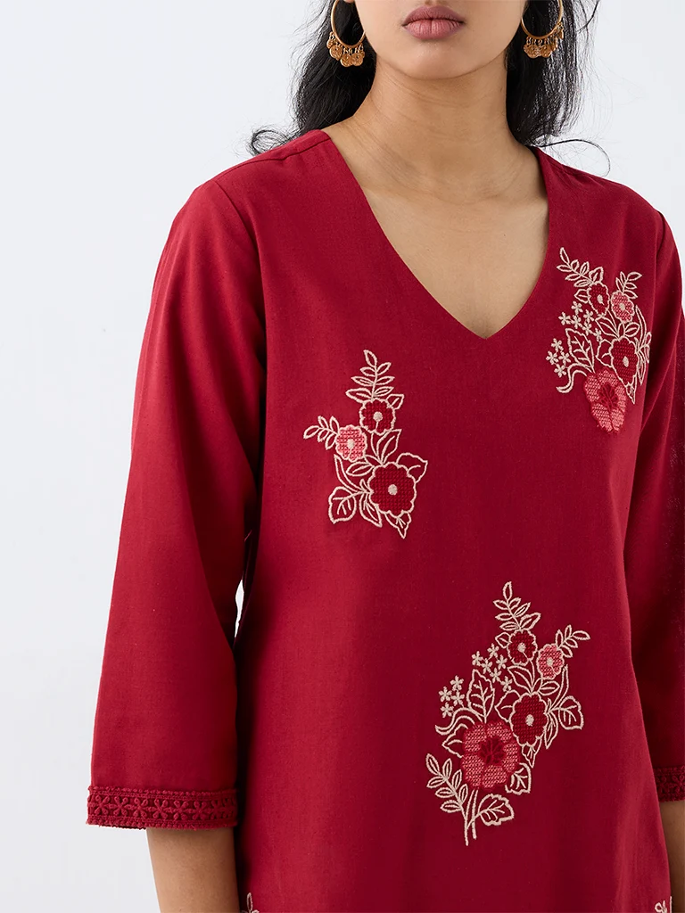 Utsa Red Floral Embroidered A-Line Kurta