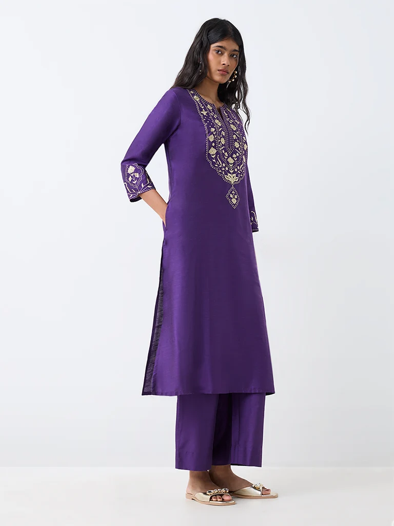 Utsa Violet Floral Embroidered A-Line Kurta