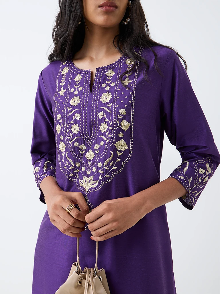 Utsa Violet Floral Embroidered A-Line Kurta