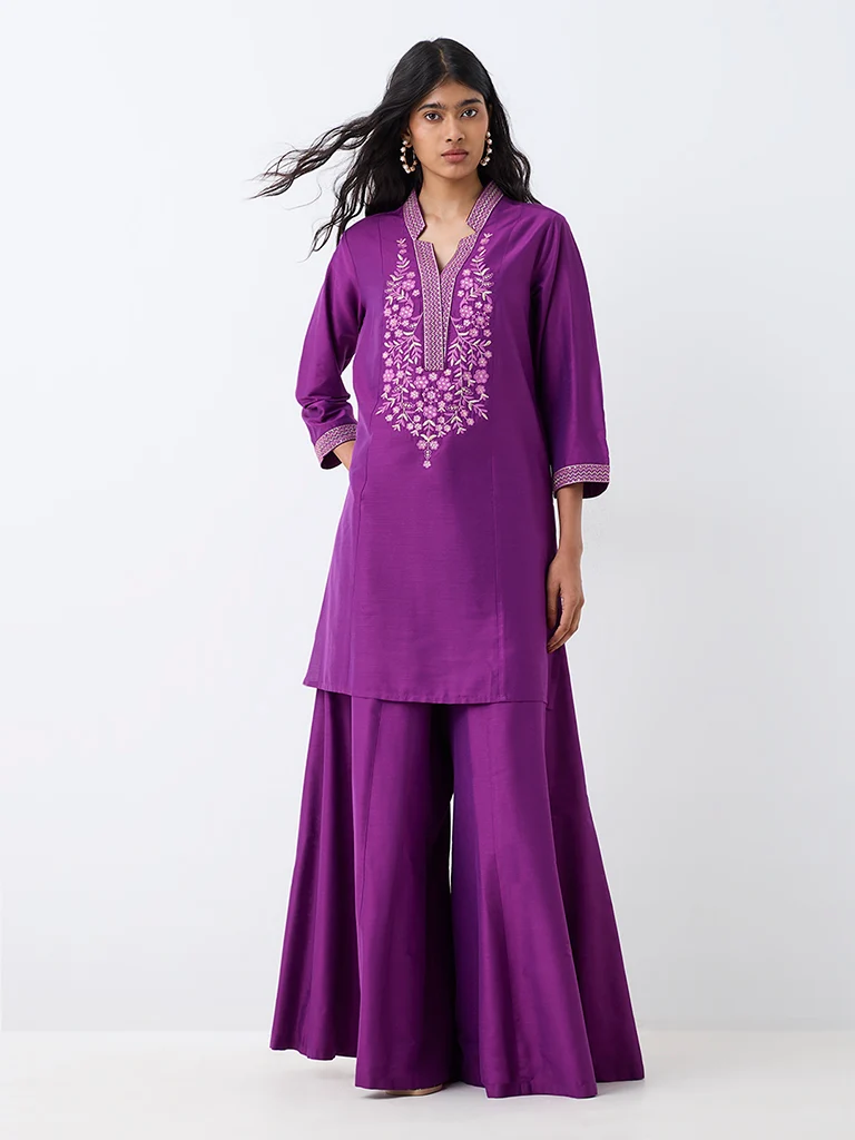 Utsa Purple Floral Embroidered A-Line Kurta