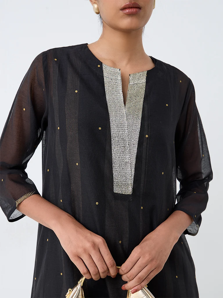 Utsa Black Dot Printed Sheer A-Line Kurta with Striped Inner