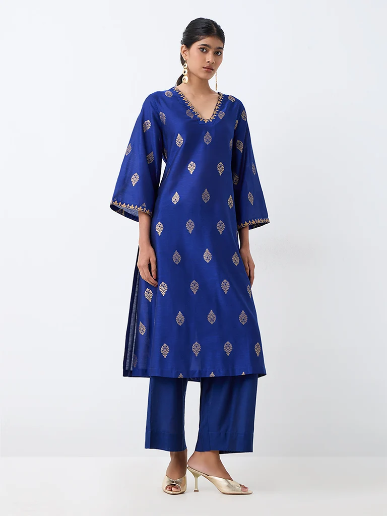 Utsa Blue Floral Printed A-Line Kurta