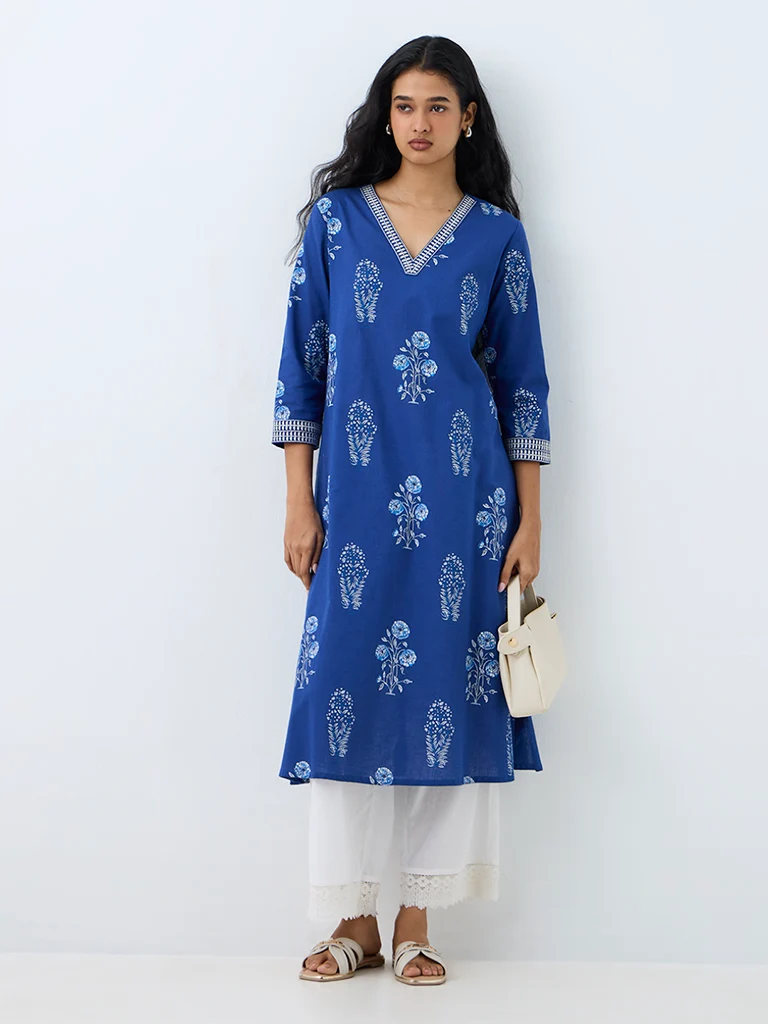 Utsa Blue Botanical Pattern Cotton-Blend A-Line Kurta