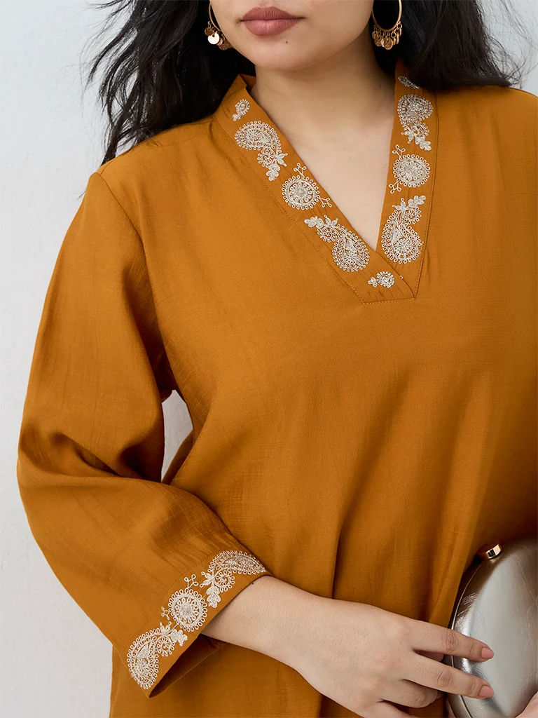 Diza Mustard Paisley Embroidered Asymmetrical Cotton Kurta