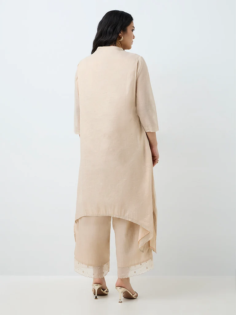 Diza Light Beige Floral Embellished Asymmetrical Kurta