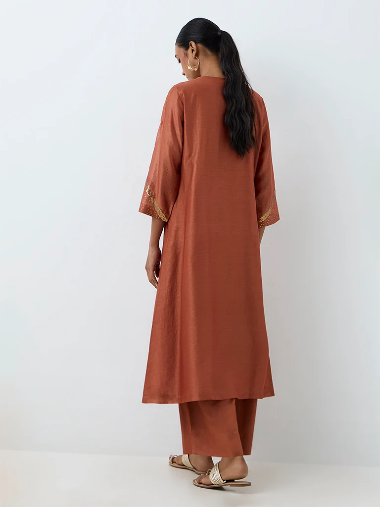 Zuba by Westside Rust Sequin-Embellished Chanderi Silk A-Line Kurta
