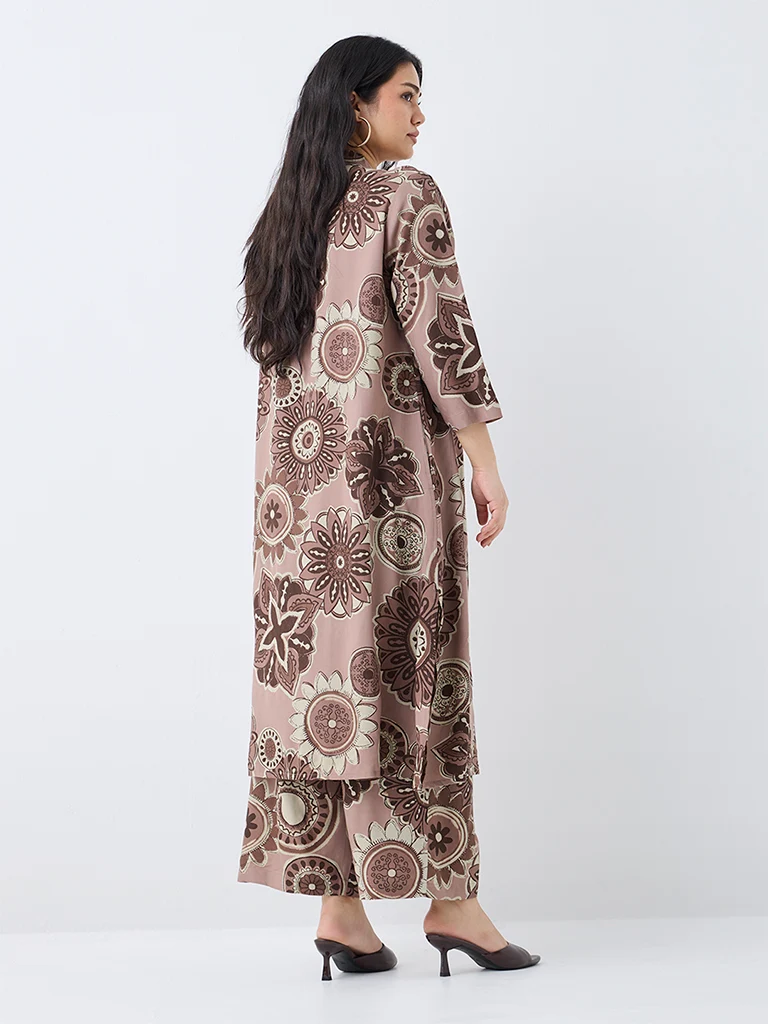 Diza Dusty Pink Floral Printed A-Line Kurta