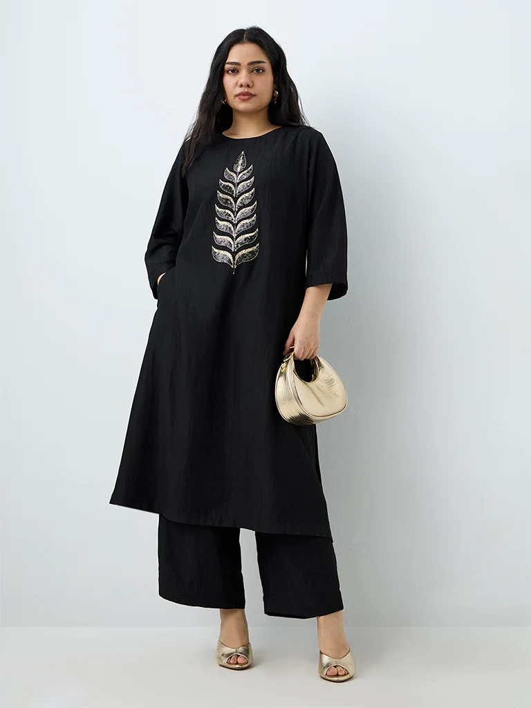 Diza Black Foliage Embellished Cotton-Blend A-Line Kurta