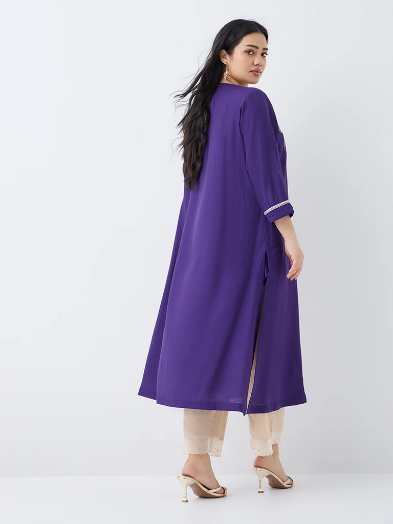 Diza Violet Floral Embroidered Cotton-Blend A-Line Kurta