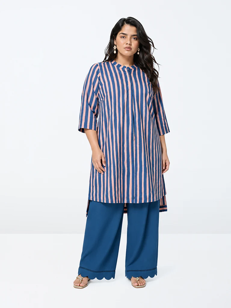 Diza Blue and Pink Striped Cotton A-Line Kurta