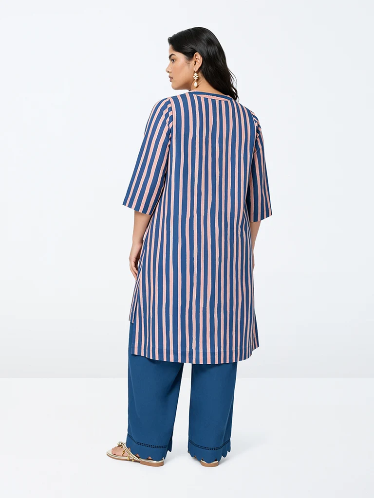 Diza Blue and Pink Striped Cotton A-Line Kurta