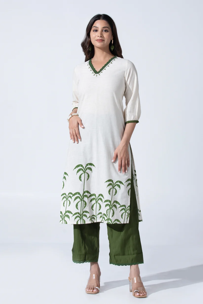 Off White Tropical Leaves Printed Straight Kurta Pant Set