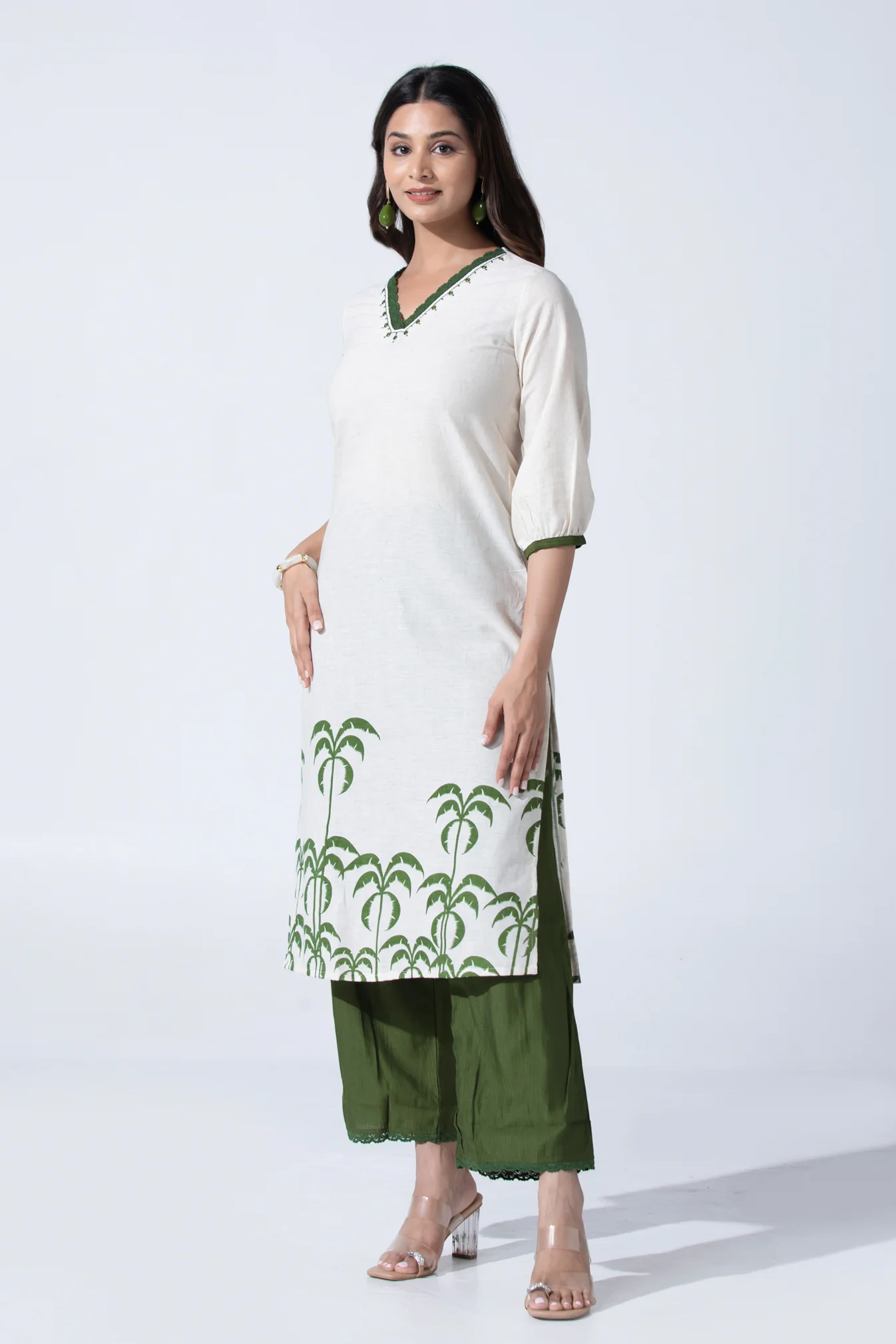 Off White Tropical Leaves Printed Straight Kurta Pant Set