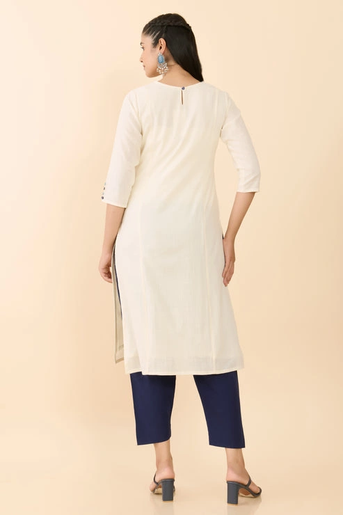 Off White Mandala Embroidered Straight Cut Kurta