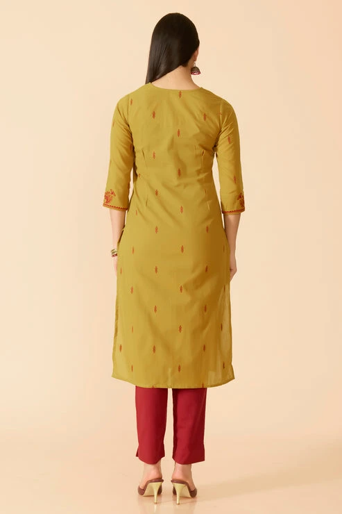 Mustard Embroidered Cotton Kurta