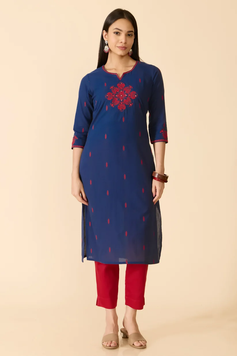 Navy Embroidered Cotton Kurta