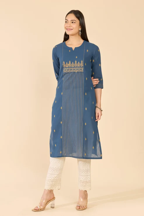 Blue Dobby Kurta With Embrpidered Yoke