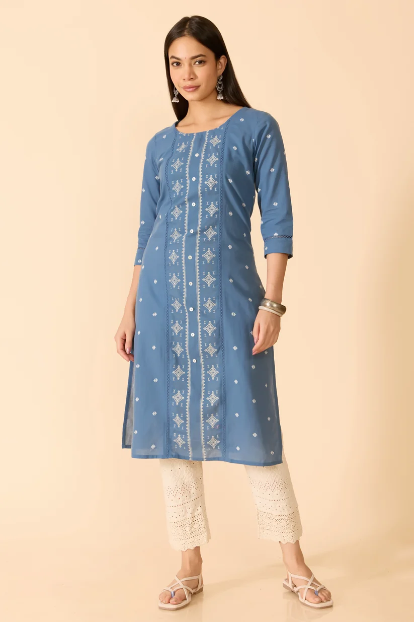 Blue Dobby Cotton Kurta