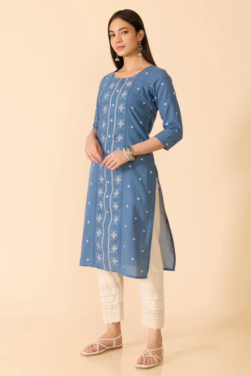 Blue Dobby Cotton Kurta