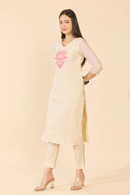 Off White Lotus Applique Kurta