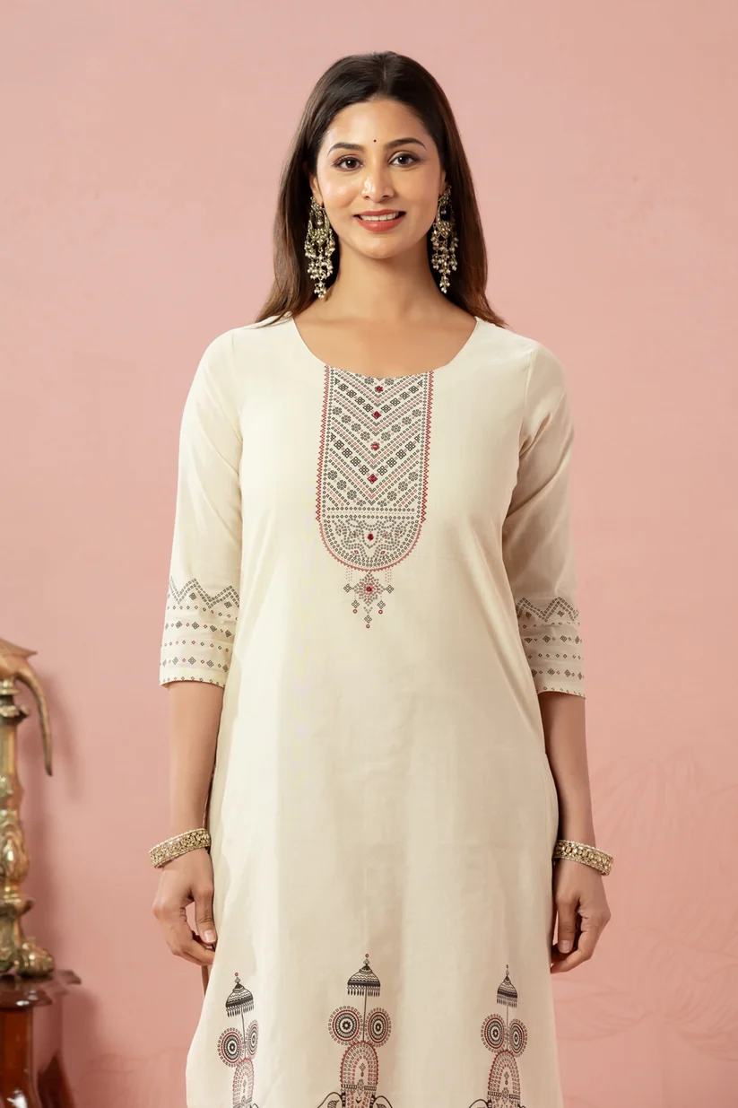 Off White Nethipattam Printed Kota Khaki Kurta