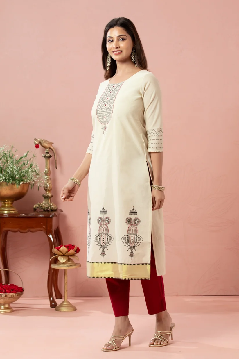 Off White Nethipattam Printed Kota Khaki Kurta
