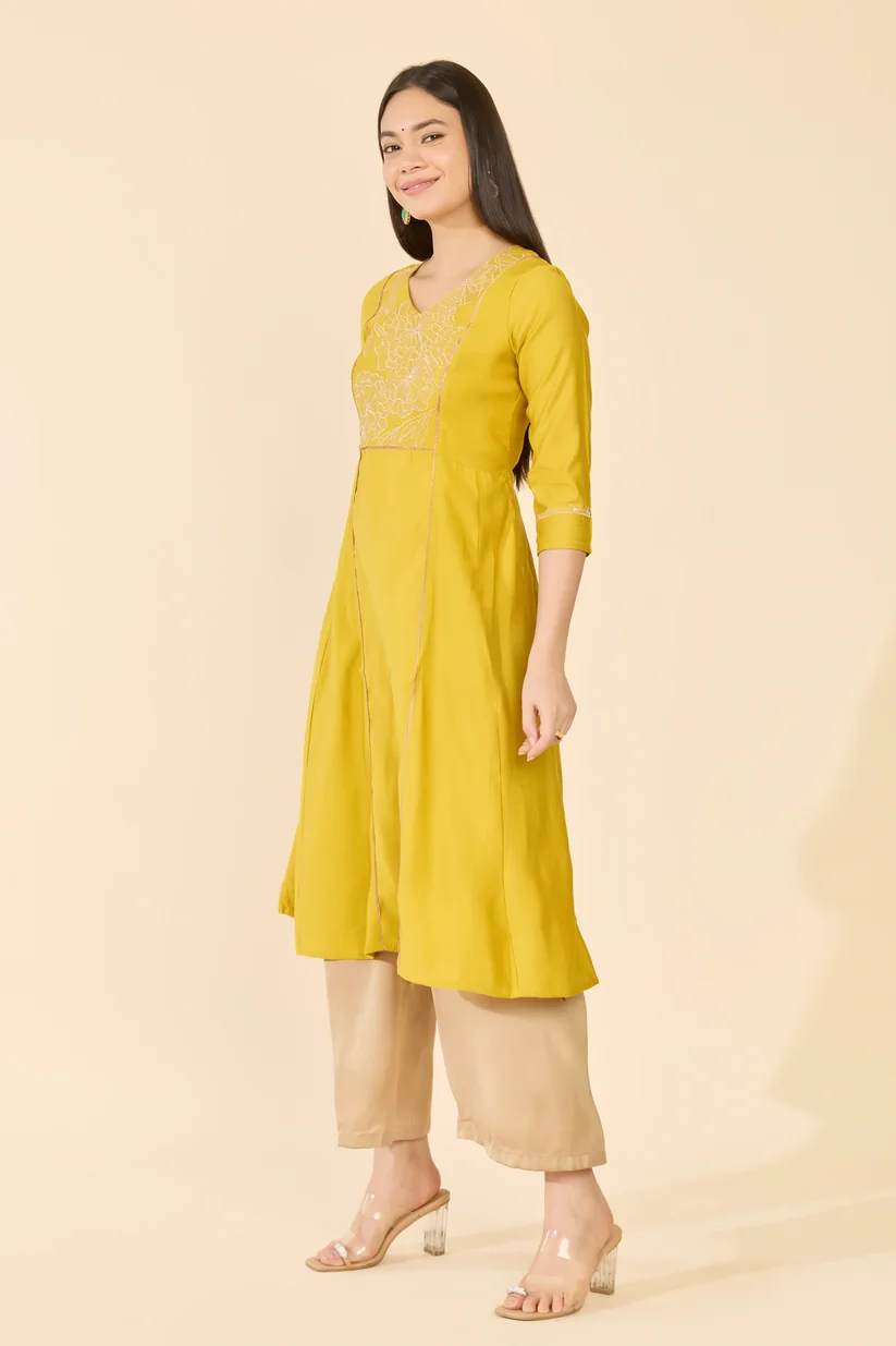 Mustard Embroidered Yoke A-Line Kurta