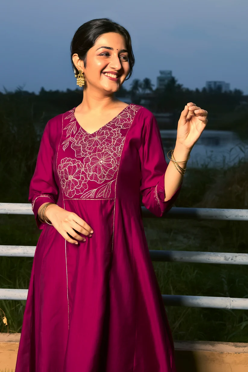 Magenta Embroidered Yoke A-Line Kurta