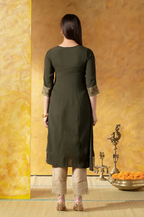 Olive Green A-Line Kurta with Brocade Work
