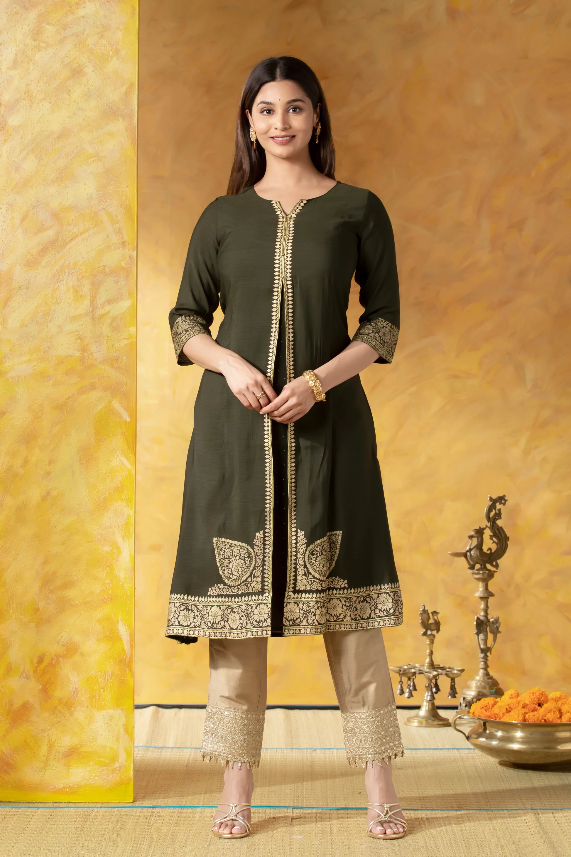 Olive Green A-Line Kurta with Brocade Work