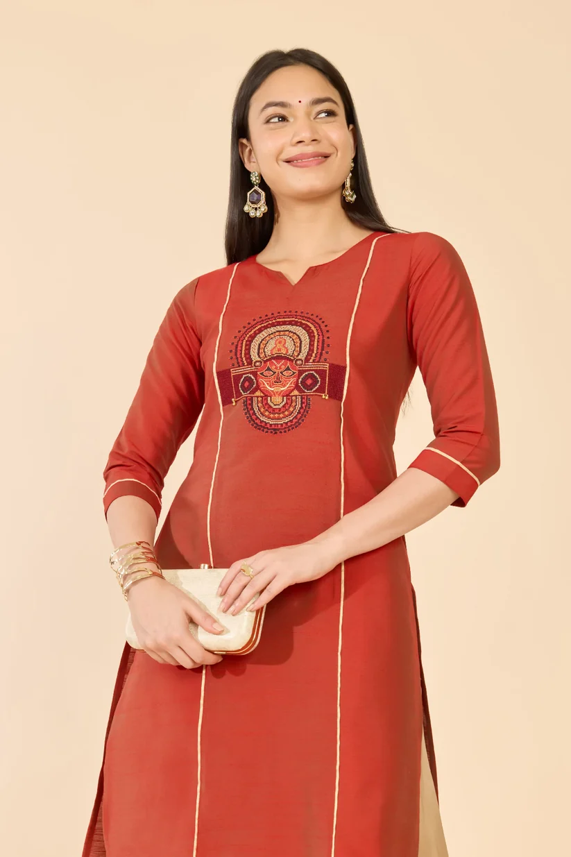 Rust Raw Silk Theyyam Embroidered Kurta