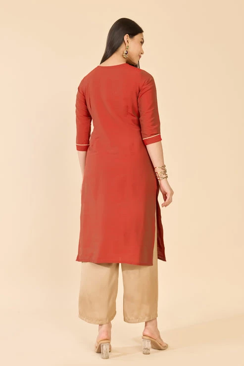 Rust Raw Silk Theyyam Embroidered Kurta