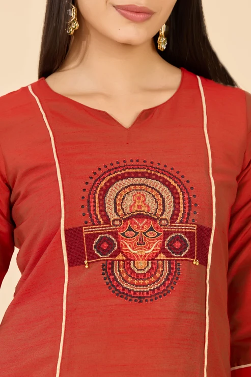 Rust Raw Silk Theyyam Embroidered Kurta