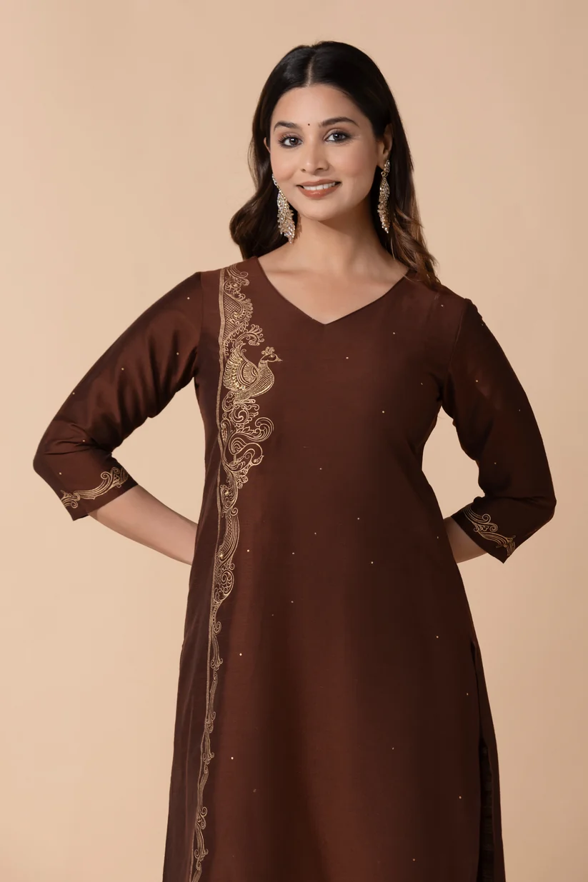 Brown Peacock Printed Straight Kurta